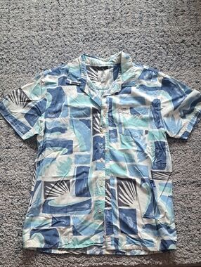 O'Neill Men's Blue and Aqua Geometric Patchwork Button-Down Shirt M